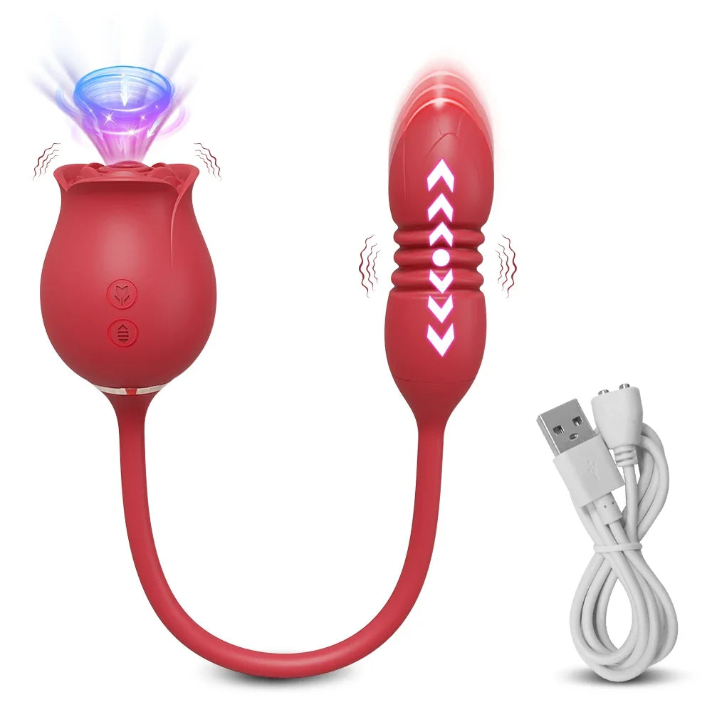 The rose vibrator shown with its white USB charging cable