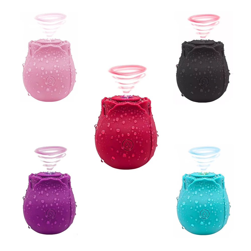 All five colours of the rose vibrator together: pink, red, black, purple and teal