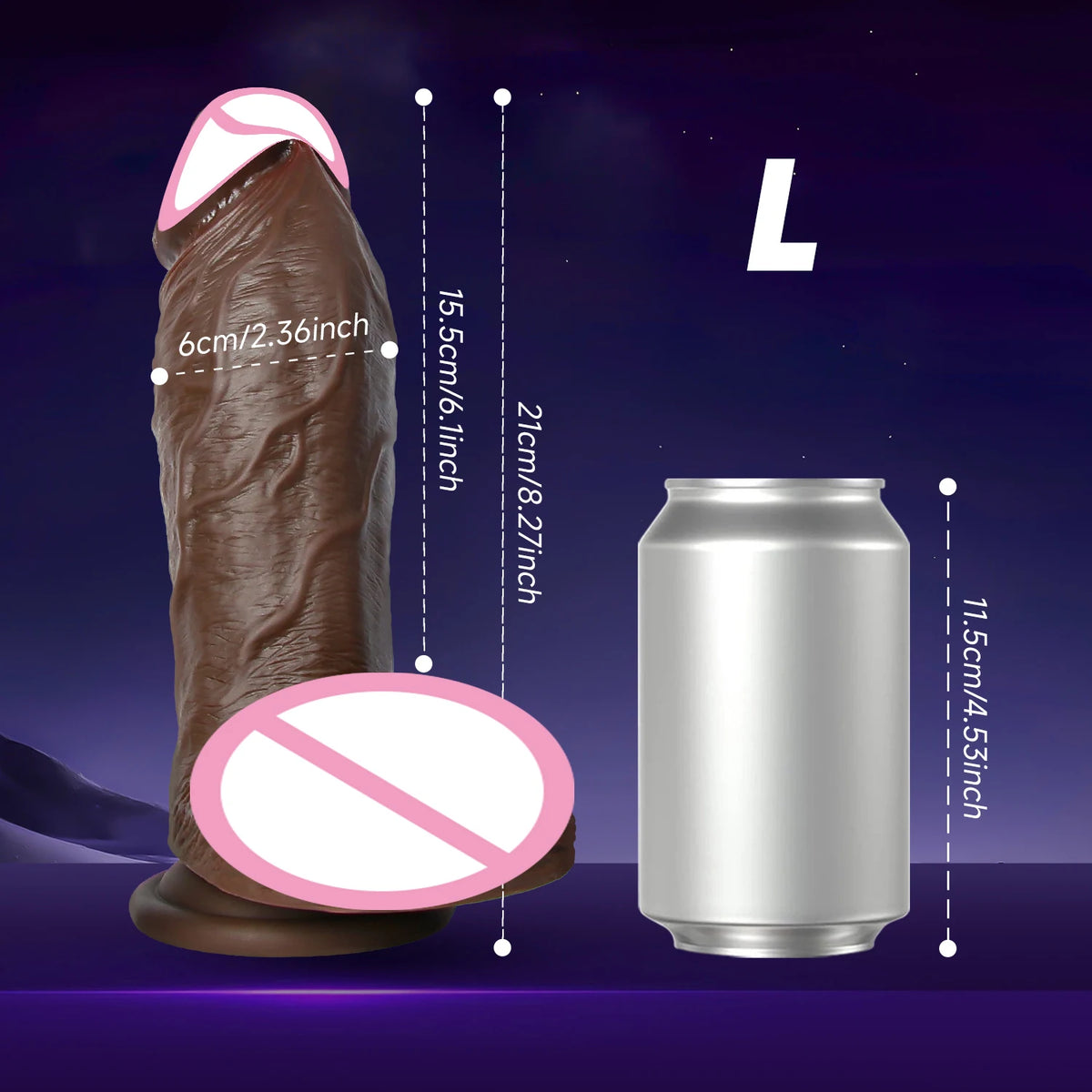 Supplier size diagram for L, shown beside a drinks can for scale