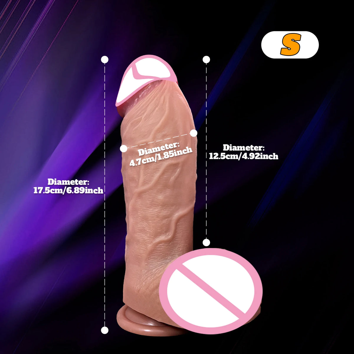 Supplier size diagram for S: 3.7 cm across, 12.5 cm insertable, 17.5 cm overall