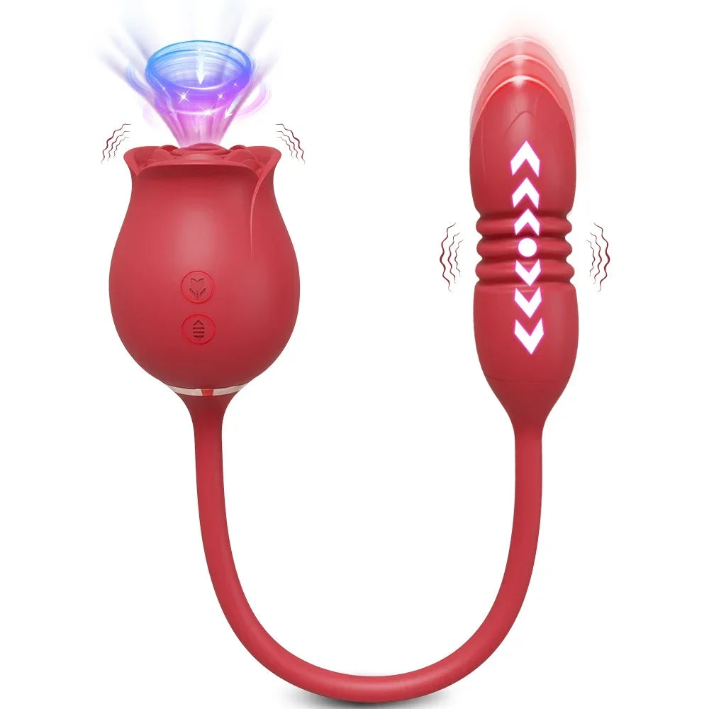 Rose-shaped suction head and ridged thrusting tip joined by a flexible red cord