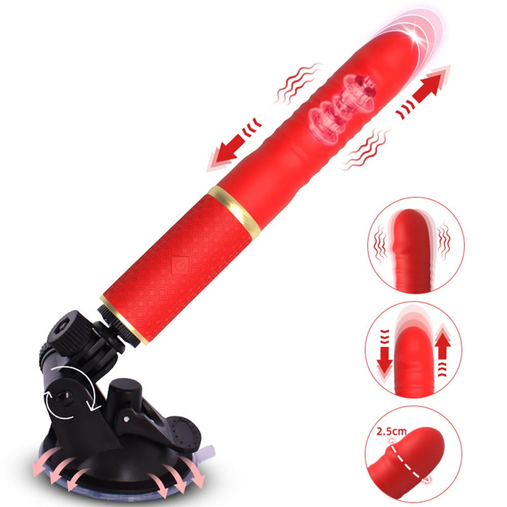 The red ribbed shaft on its black suction mount, with inset close-ups of the tip