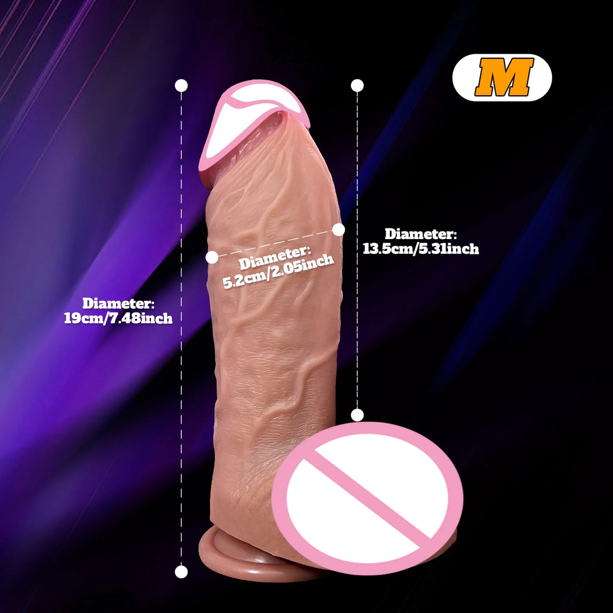 Supplier size diagram for M: 3.5 cm across, 13.5 cm insertable, 19 cm overall