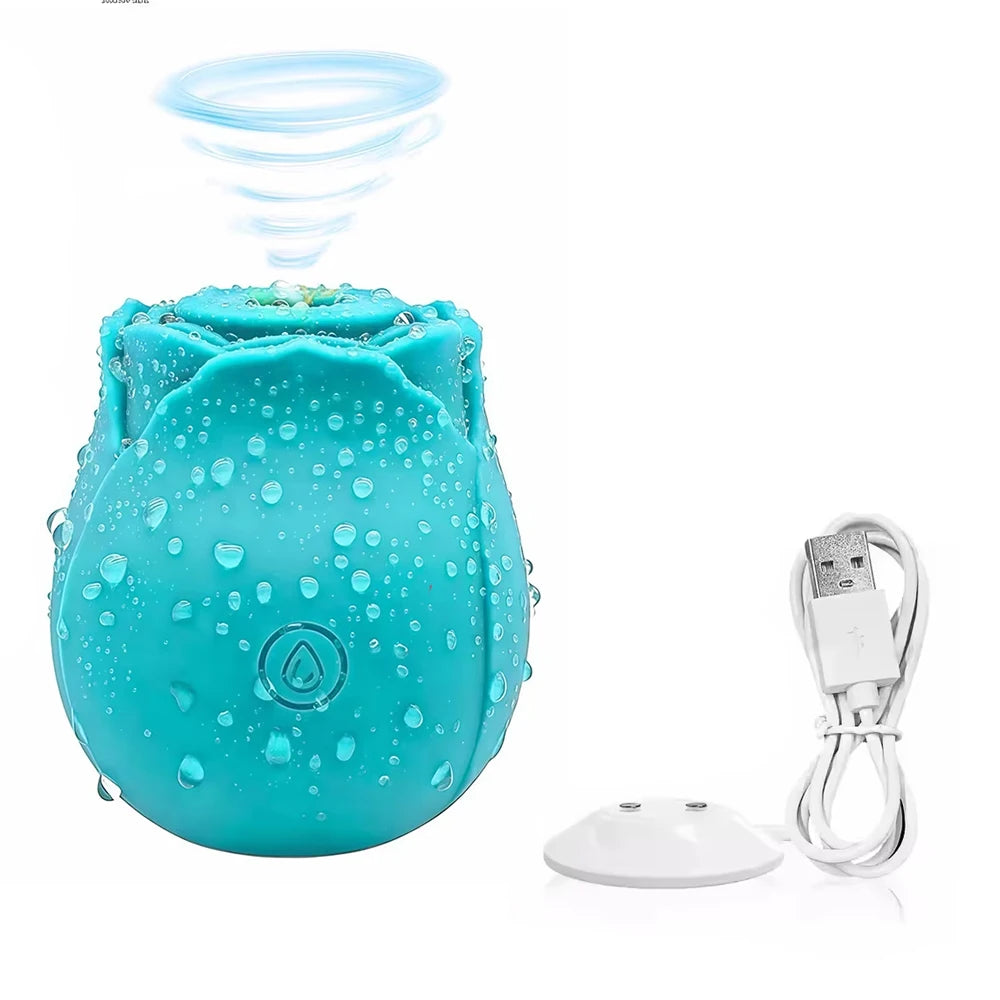 The teal rose vibrator with its magnetic charging cable