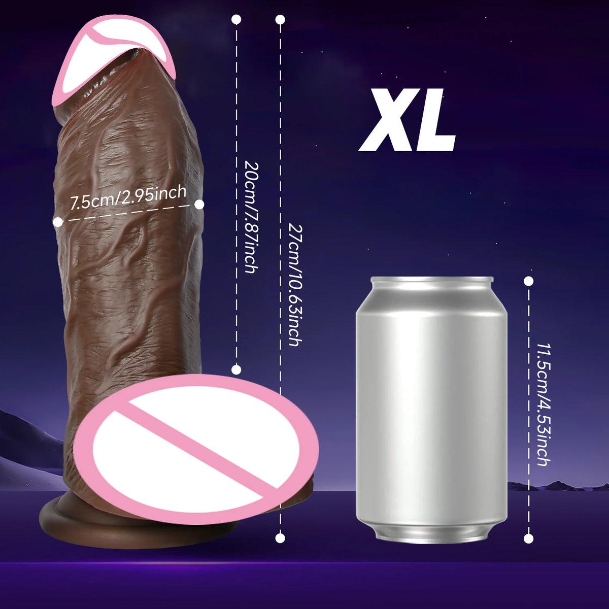 Supplier size diagram for XL, shown beside a drinks can for scale