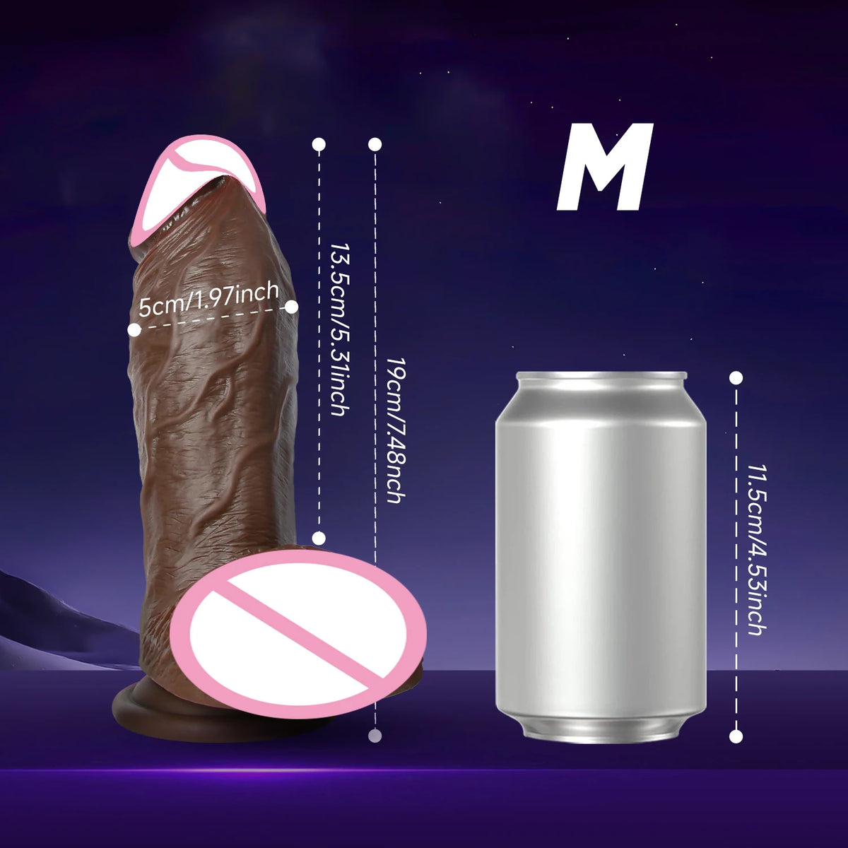 Supplier size diagram for M, shown beside a drinks can for scale