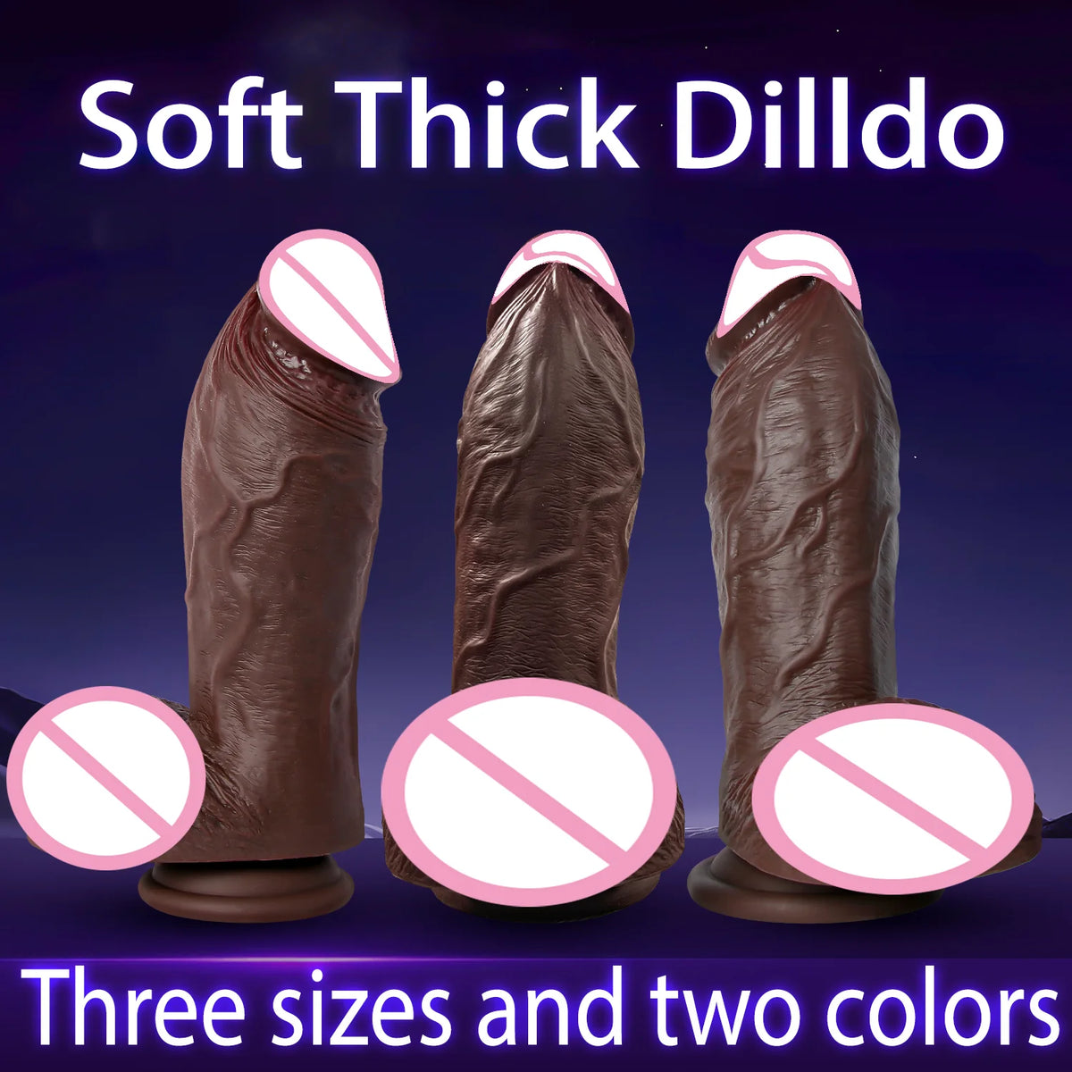 Supplier graphic captioned soft thick dildo, three sizes and two colours