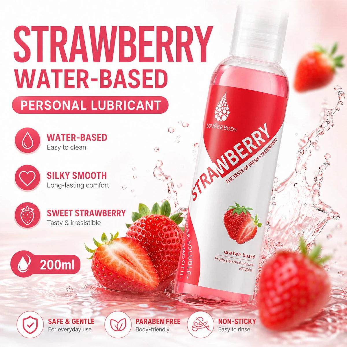 Supplier graphic for the strawberry lubricant: water-based, 200 ml, paraben free