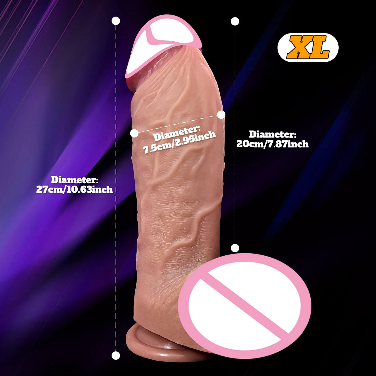 Supplier size diagram for XL: 7.5 cm across, 20 cm long
