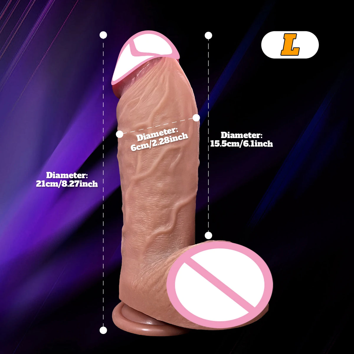 Supplier size diagram for L: 4.8 cm across, 18.5 cm insertable, 21 cm overall