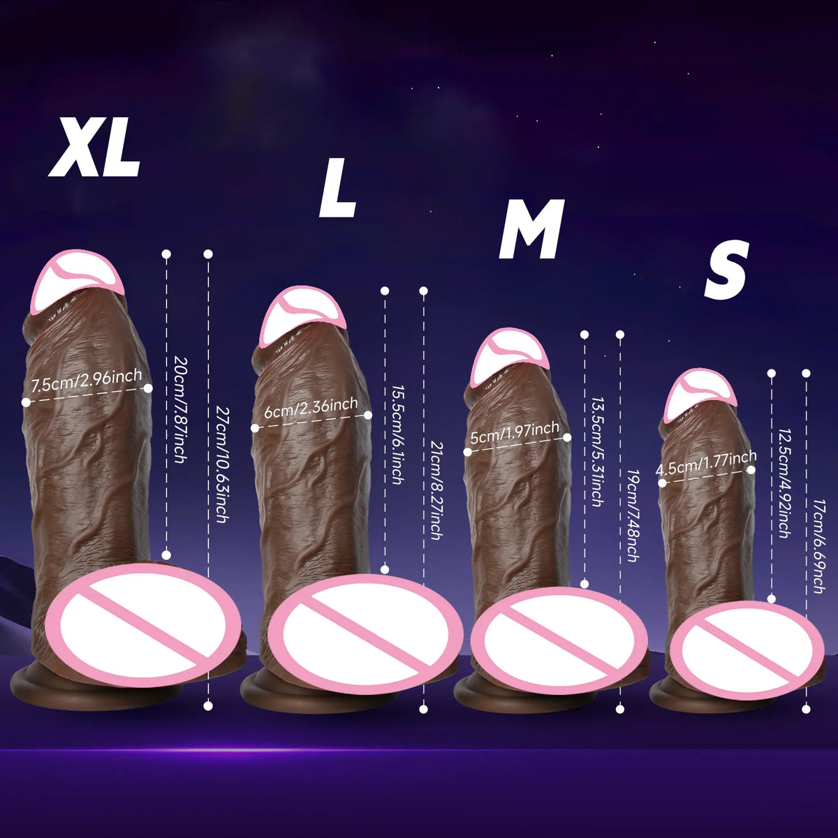 Supplier size comparison of all four sizes, labelled XL, L, M and S